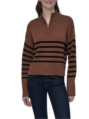 DKNY Brown and Black Striped Half-Zip Turtleneck Sweater